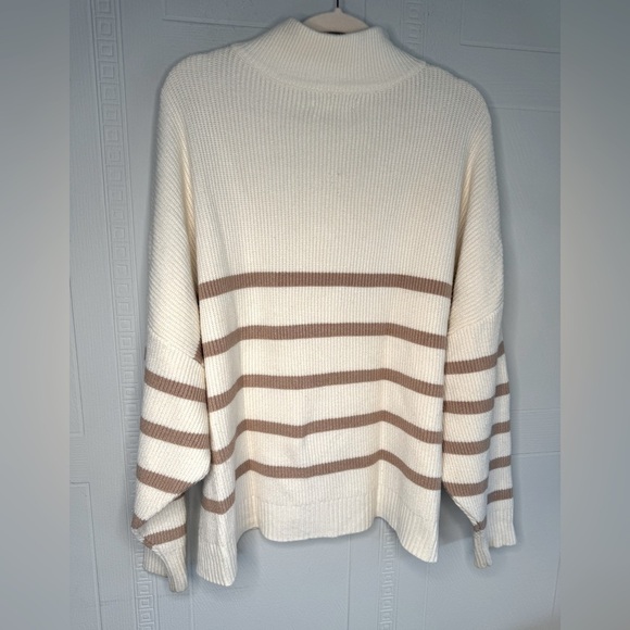 Mango Striped Cropped Chunky Knit Roll Neck 1/4 Zip Cream Camel Plus 2X EUC - Picture 8 of 13